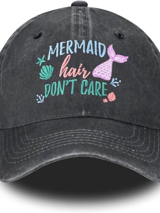 Women\'s Embroidery Adjustable Washed Distressed Casual Trucker Hat Mermaid main image 6